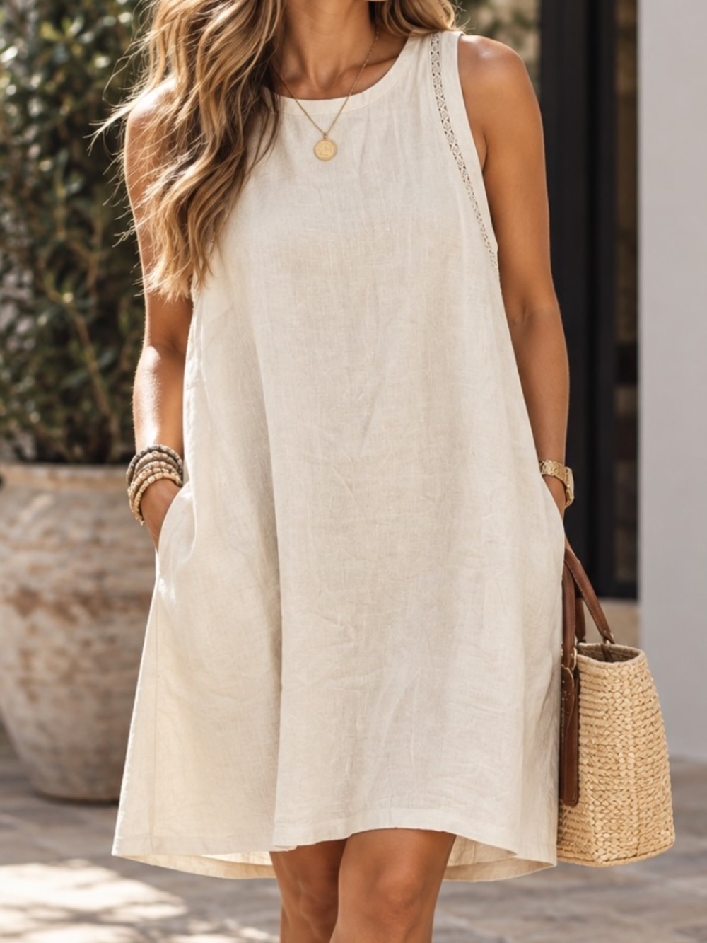 RW&Co Sleeveless Dress Womens Size XXL Cream Linen Blend Knee Length